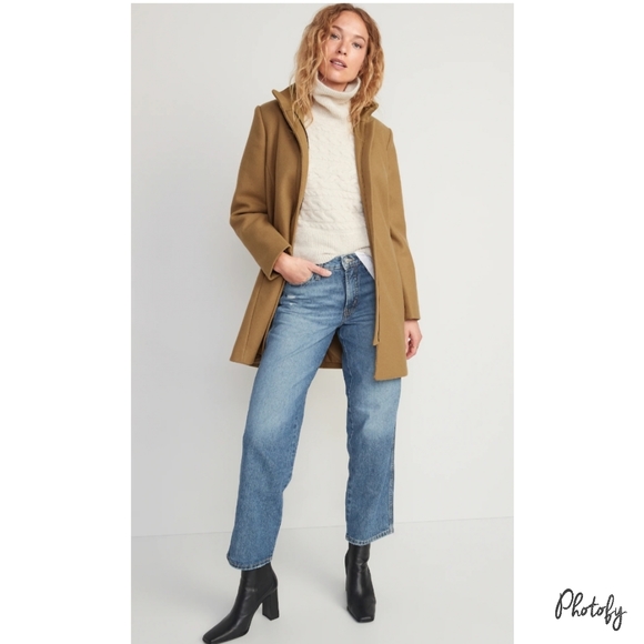 NWT Women's Tan Old Navy Classic Soft Brushed Funnel Neck Long Coat - Picture 2 of 9